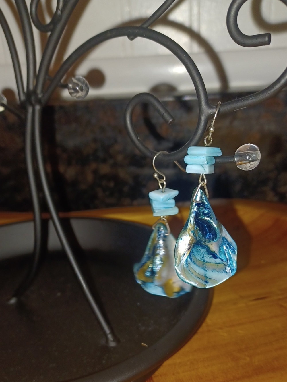 Vintage Teal Blue Shell Dangle Earrings Boho Beachy Mother of Pearl Drop 3"